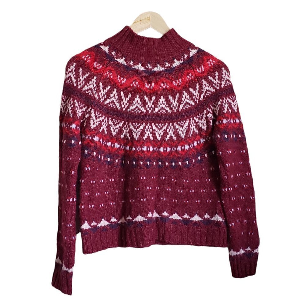 Fair isle cherry burgundy red wool Funnel neck heavy knit sweater top